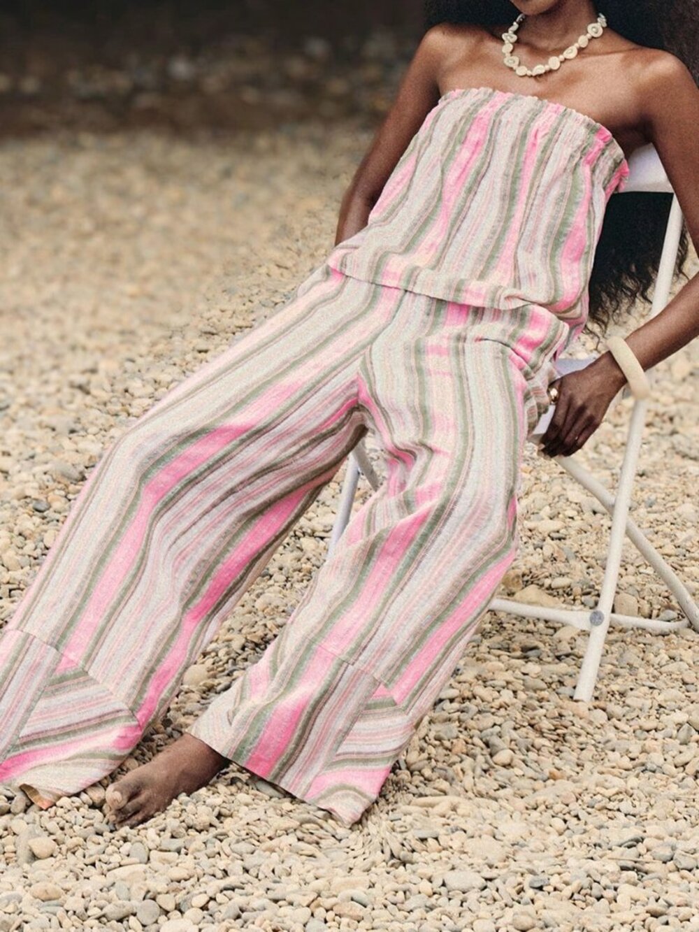 Dusty Pink Boho Women's Striped Two-Piece Set with Pocket Shorts and Top - Picture 2 of 6